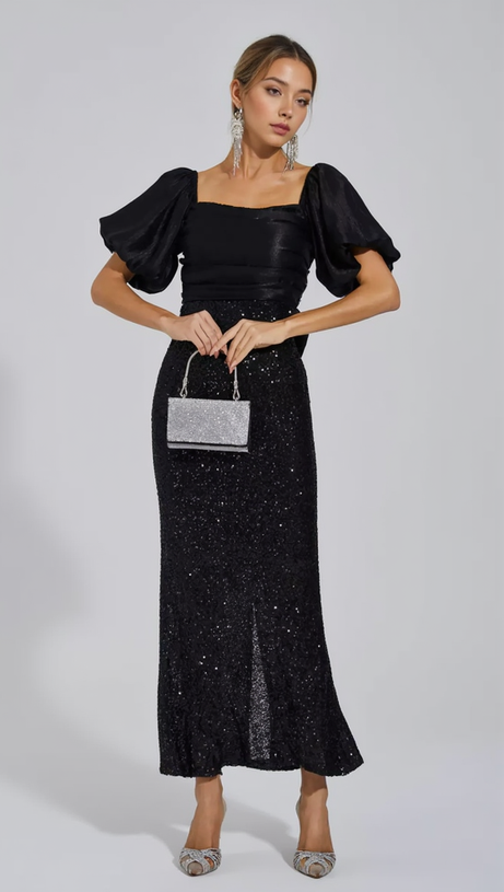 MARIA BLACK BOW SEQUINS EMBELLISHED MAXI DRESS