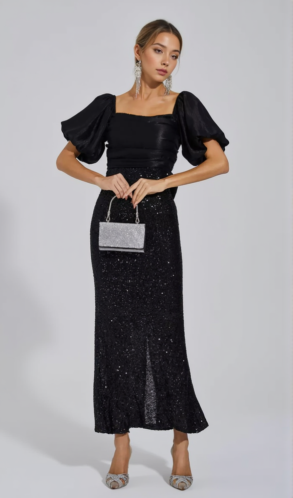 AIIZIE MARIA BLACK BOW SEQUINS EMBELLISHED MAXI DRESS - product image