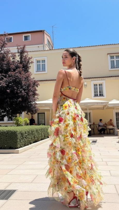 BELINDA YELLOW FLORAL VERTICAL RUFFLE TRIM MAXI DRESS
