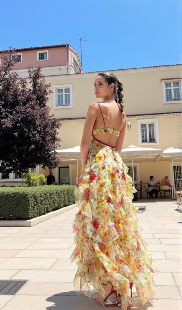 AIIZIE BELINDA YELLOW FLORAL VERTICAL RUFFLE TRIM MAXI DRESS - product image