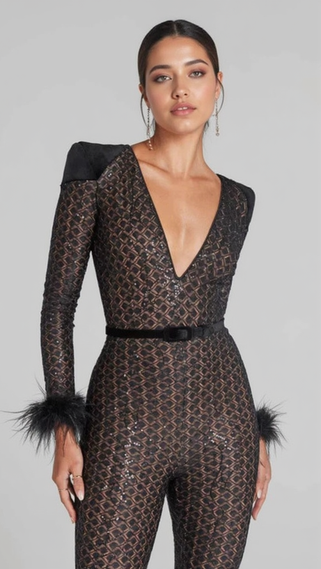 V NECK BANDAGE JUMPSUIT IN BLACK