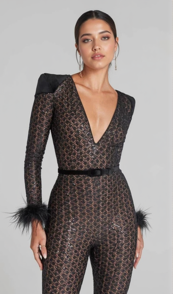 AIIZIE V NECK BANDAGE JUMPSUIT IN BLACK - product image