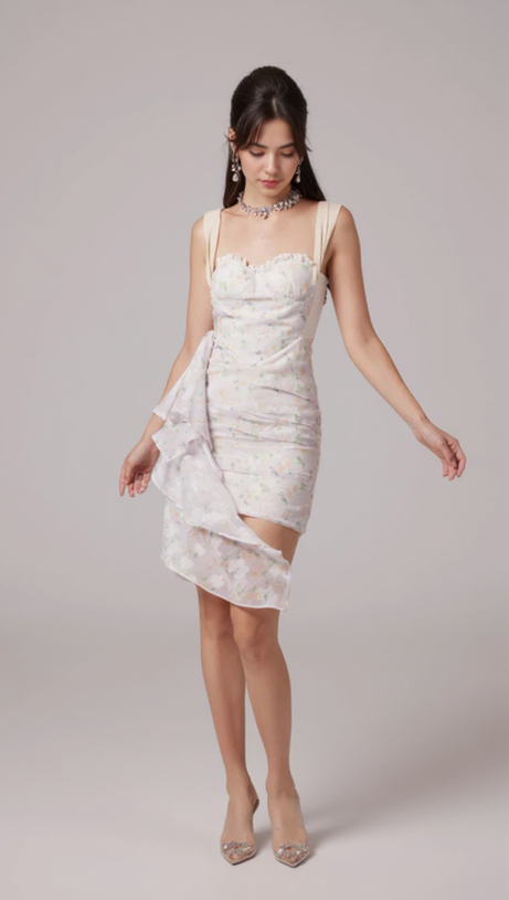 FLORAL PRINT RUCHED MINI DRESS IN WHITE