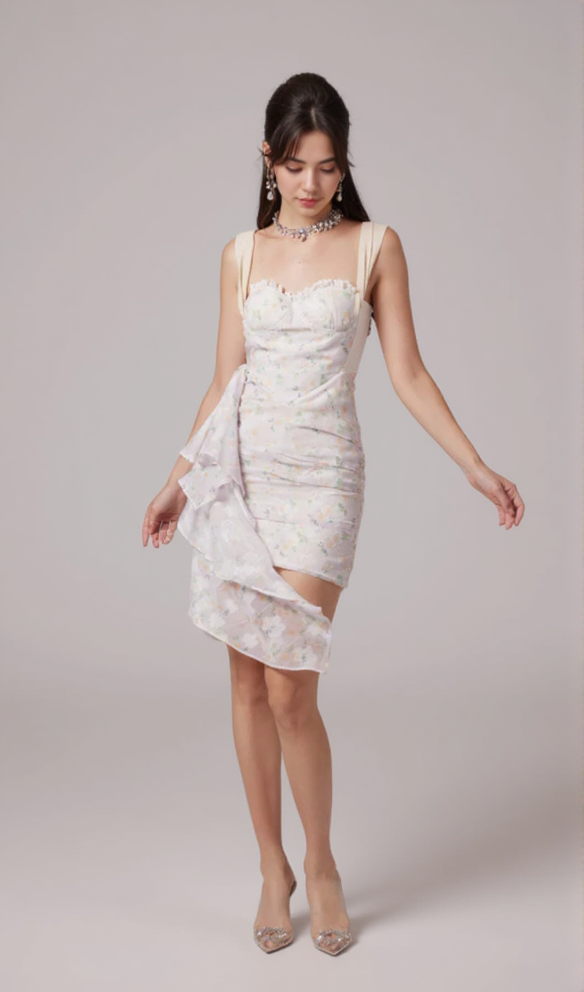 AIIZIE FLORAL PRINT RUCHED MINI DRESS IN WHITE - product image