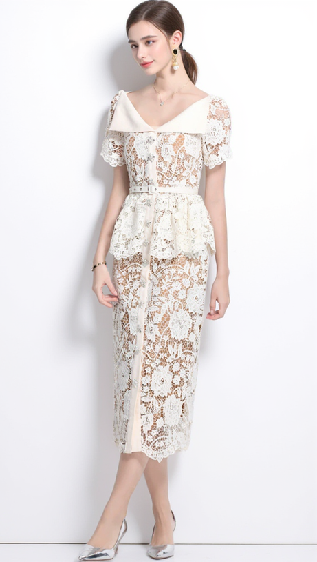 CREAM LACE PEPLUM MIDI DRESS