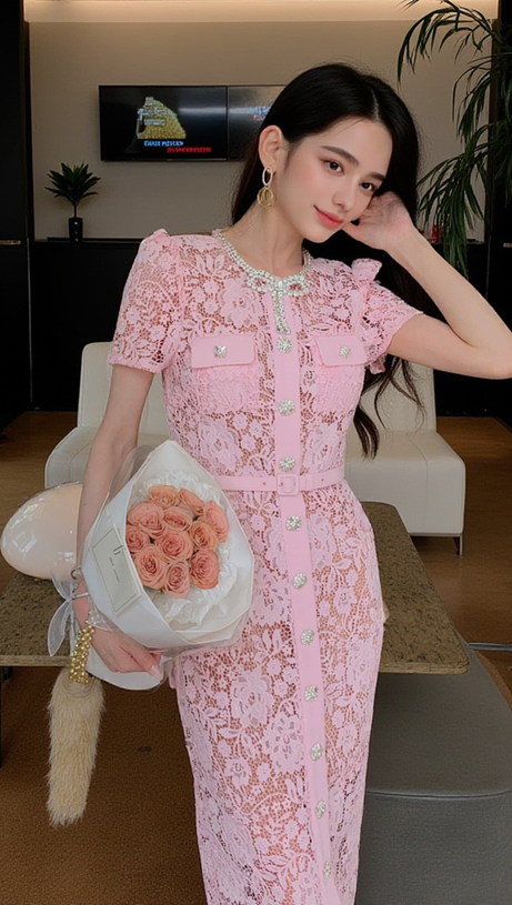 PINK LACE DIAMANTE BOW MIDI DRESS