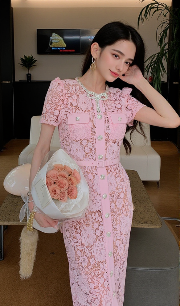 AIIZIE PINK LACE DIAMANTE BOW MIDI DRESS - product image