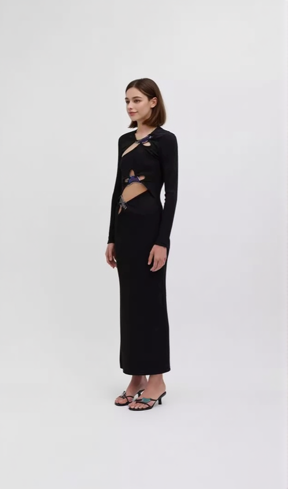 AIIZIE SALLY BLACK LONG SLEEVE CUT-OUT RIBBED MAXI DRESS - product image