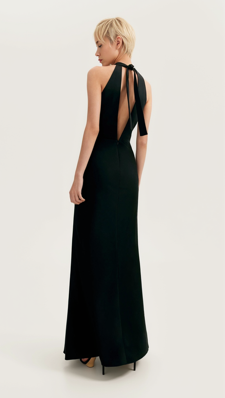 RACHEL BLACK HALTERNECK SATIN BACK CUTOUT MAXI DRESS