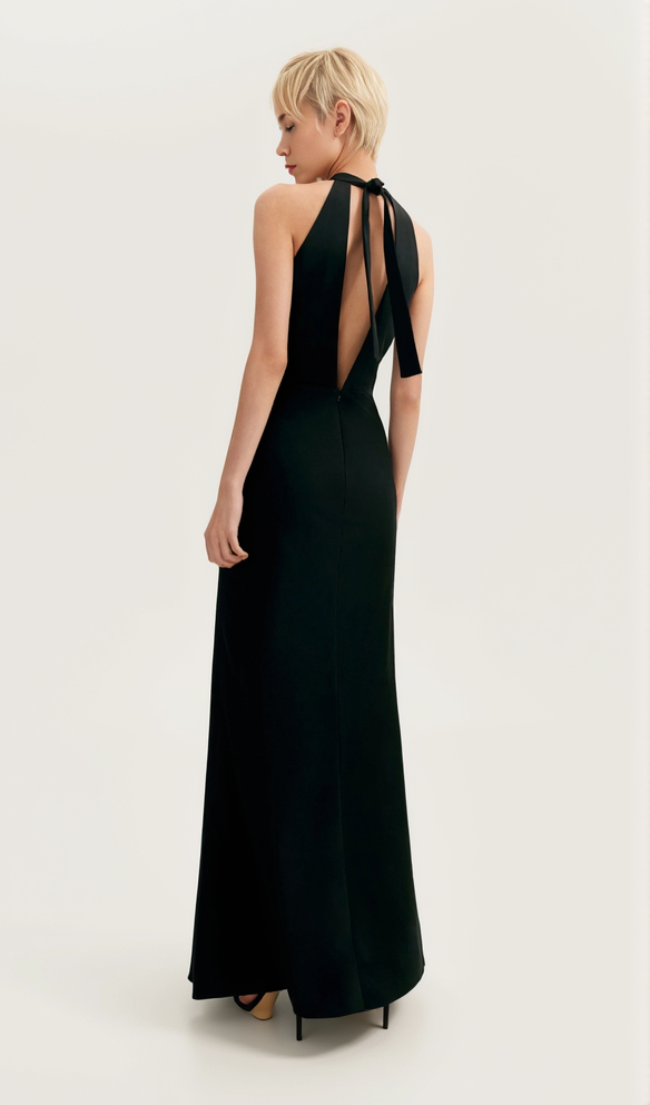 RACHEL BLACK HALTERNECK SATIN BACK CUTOUT MAXI DRESS