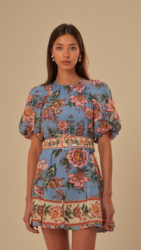 AMELIA BOUQUET PRINT MINI DRESS IN BLUE