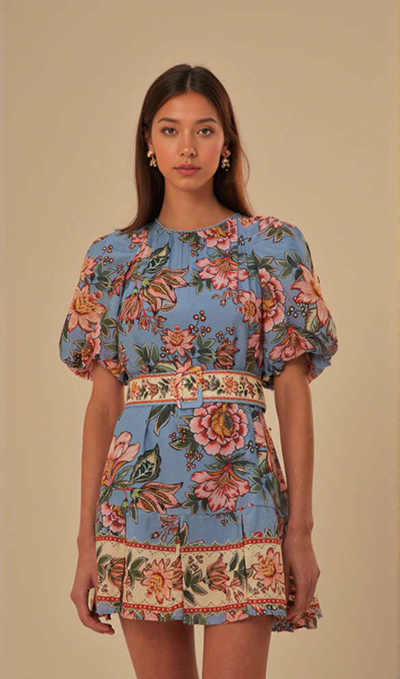 AMELIA BOUQUET PRINT MINI DRESS IN BLUE