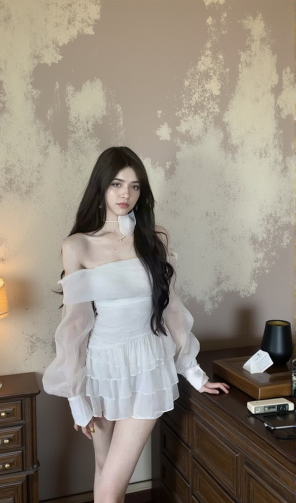 Weißes Netz-Creppkleid mit Puffärmeln und Rüschenbesatz