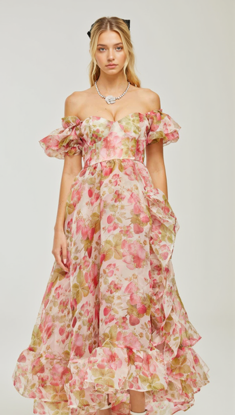 FRUIT-PRINT RUFFLED MAXI DRESS IN PINK