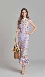 FLORAL EMBROIDERY MESH FISHTAIL MIDI DRESS IN PURPLE