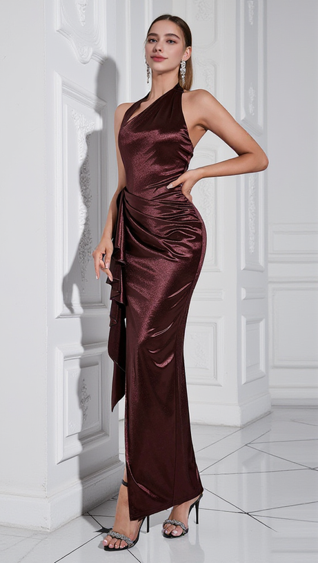 CORNELIA RUCHED HALTER BACKLESS MAXI DRESS IN BROWN