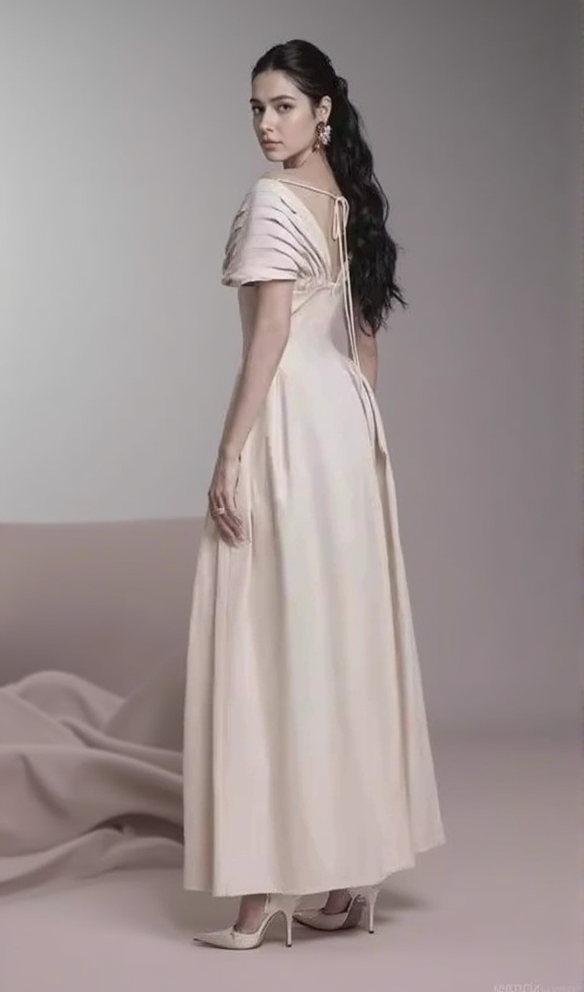 AIIZIE RUCHED SHOULDER MAXI DRESS IN APRICOT - product image