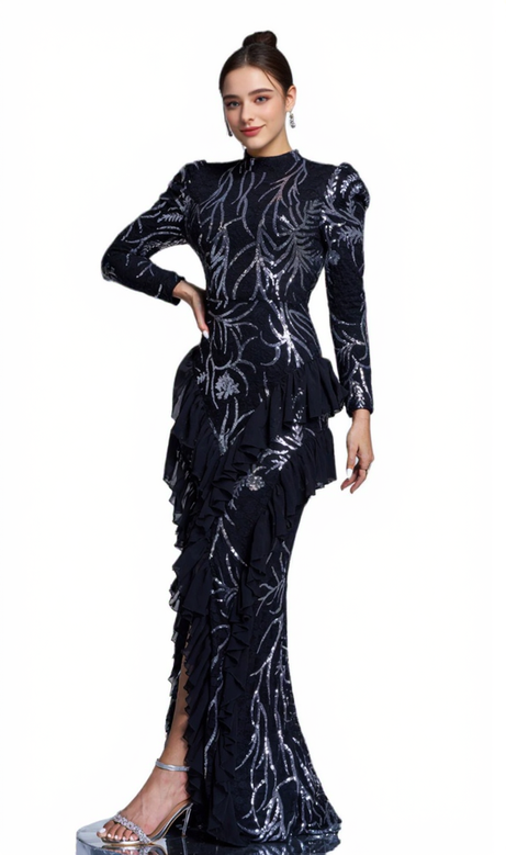 ruffle trim sequin print maxi dress in black