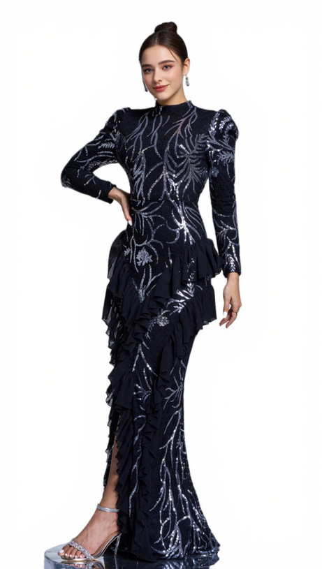 RUFFLE TRIM SEQUIN PRINT MAXI DRESS IN BLACK