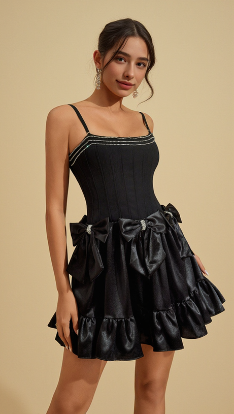 DIAMOND BOW MINI DRESS IN BLACK