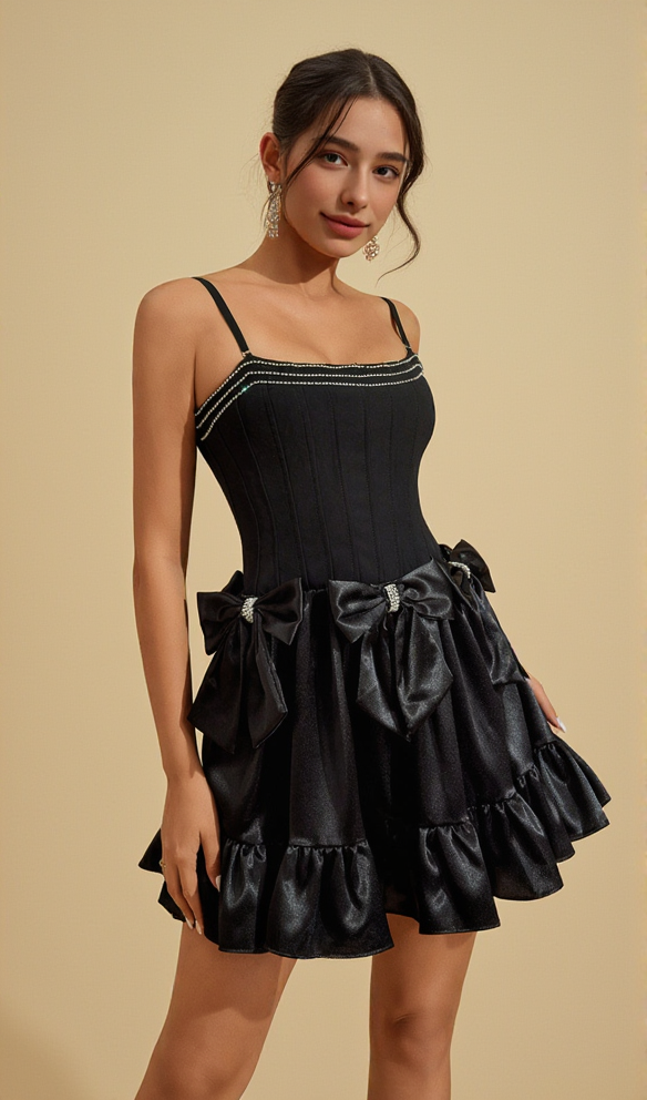 AIIZIE DIAMOND BOW MINI DRESS IN BLACK - product image