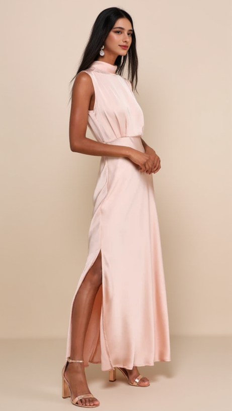 BLUSH SATIN SLEEVELESS MOCK NECK MAXI DRESS