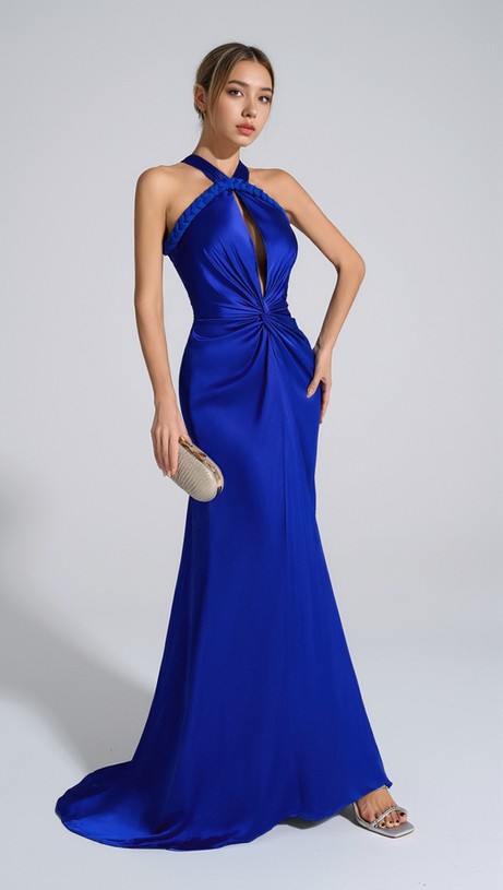BEVERLY BRAID EMBELLISHED RUCHED HALTER GOWN IN BLUE
