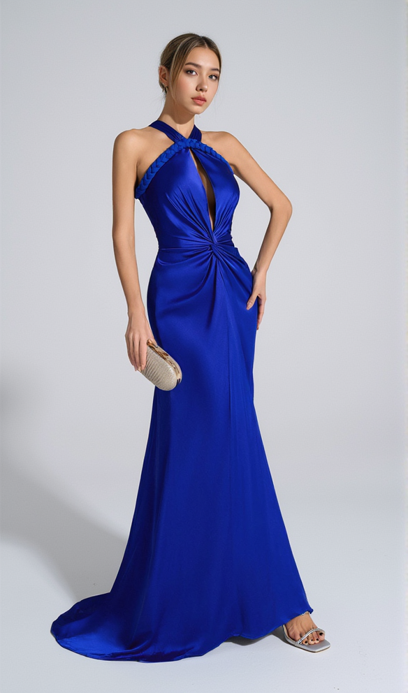 AIIZIE BEVERLY BRAID EMBELLISHED RUCHED HALTER GOWN IN BLUE - product image