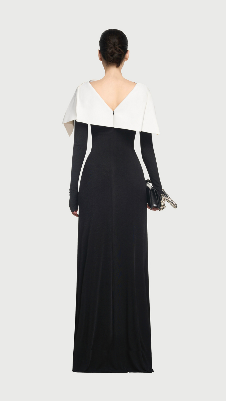 BLACK MAXI DRESS WITH DRAPED ASYMMETRICAL SHOULDER PLEAT