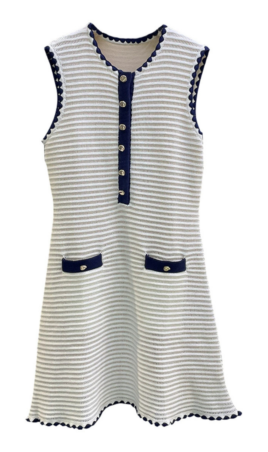 PANDORA 8-BUTTON WHITE SLEEVELESS CROCHET MINI DRESS