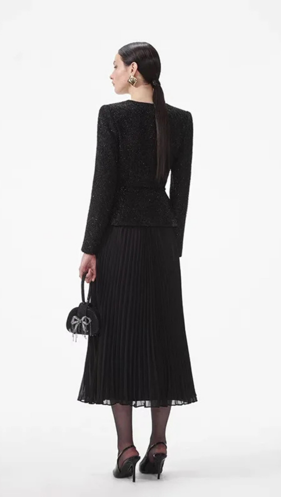 BLACK TINSEL BOUCLE CHIFFON MIDI DRESS