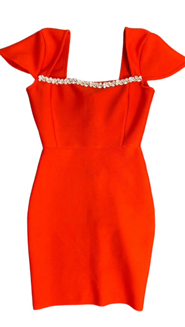 AIIZIE MILDRED SHAWL RED STONE EMBELLISH MINI DRESS - product image
