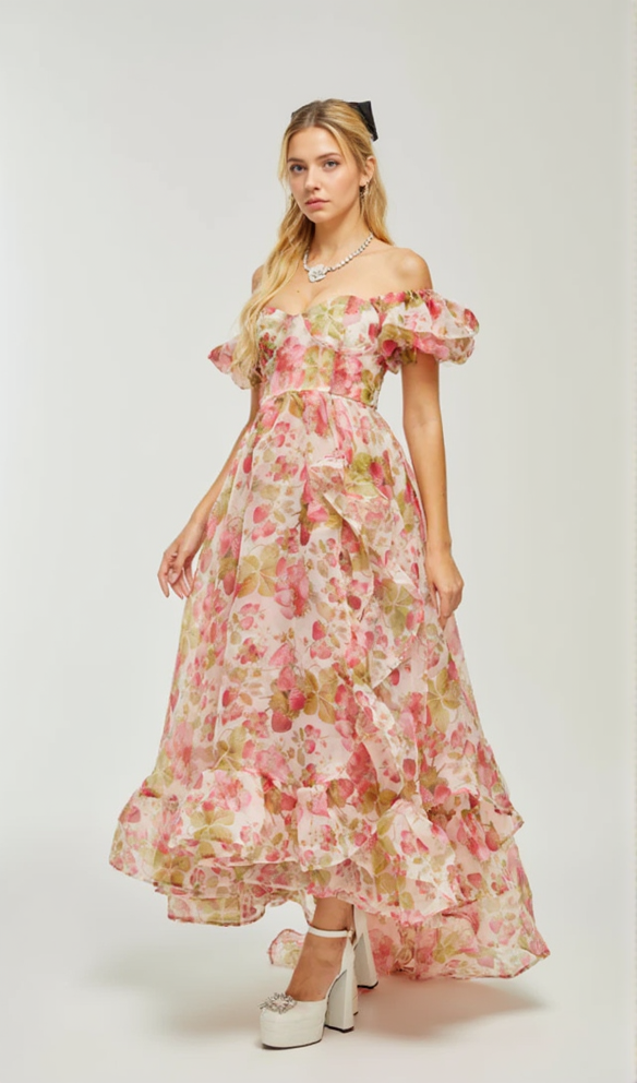 AIIZIE FRUIT-PRINT RUFFLED MAXI DRESS IN PINK - product image