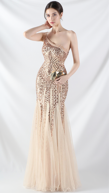 DEIRDRE GOLD ONE-SHOULDER SEQUINED FISHTAIL MAXI DRESS