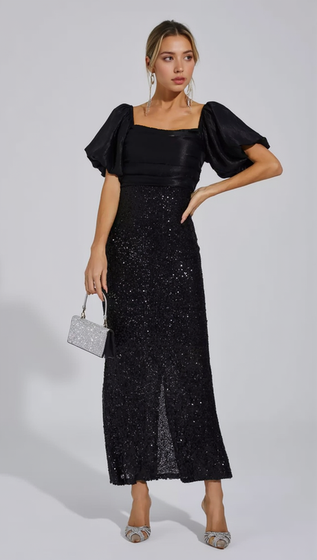 MARIA BLACK BOW SEQUINS EMBELLISHED MAXI DRESS