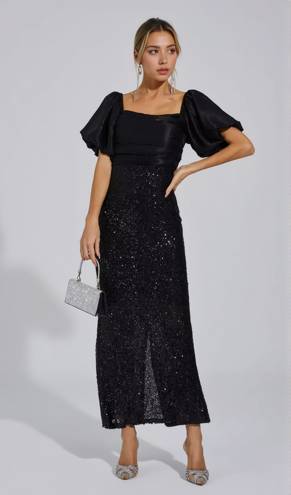 AIIZIE MARIA BLACK BOW SEQUINS EMBELLISHED MAXI DRESS - product image