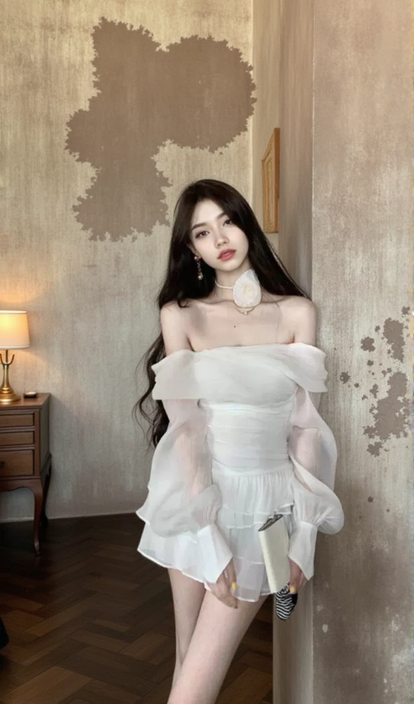 AIIZIE PUFF SLEEVE RUFFLE TRIM MESH CREP DRESS IN WHITE - product image