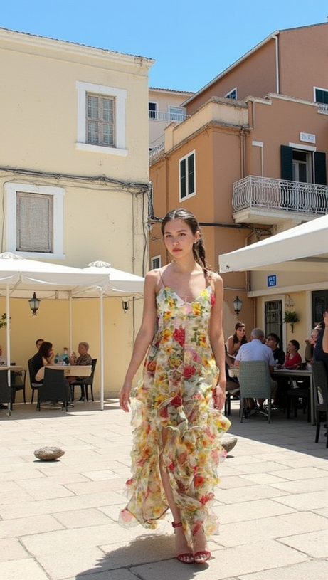 BELINDA YELLOW FLORAL VERTICAL RUFFLE TRIM MAXI DRESS