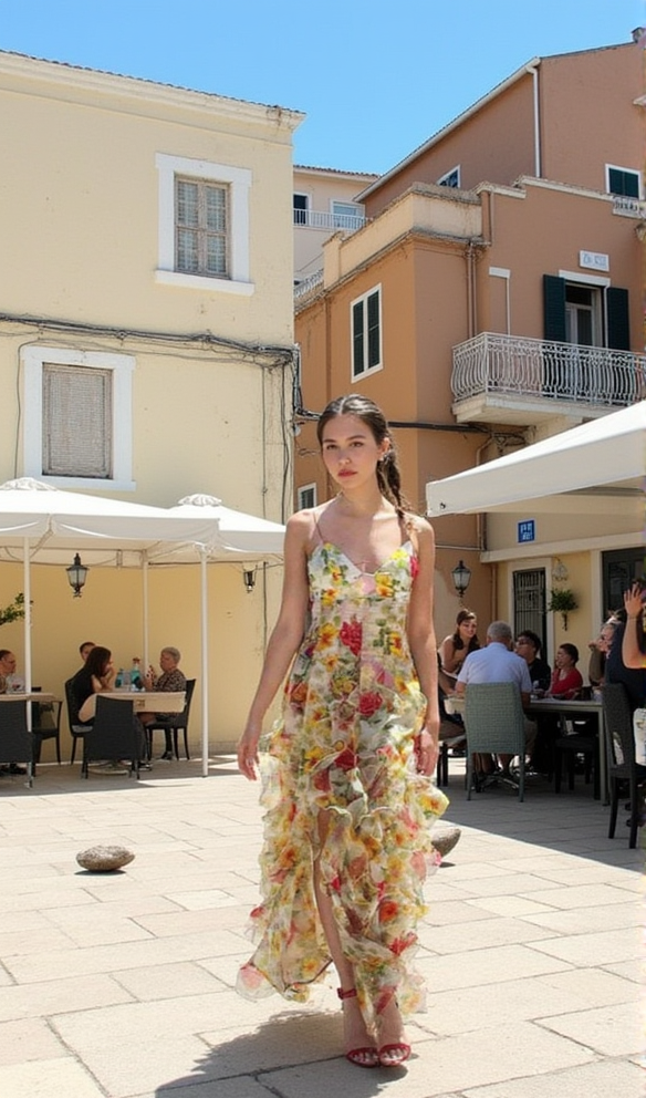 BELINDA YELLOW FLORAL VERTICAL RUFFLE TRIM MAXI DRESS