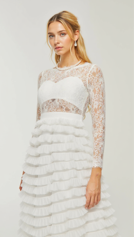 Hoch tailliertes Midikleid mit Spitzenlage in Weiß