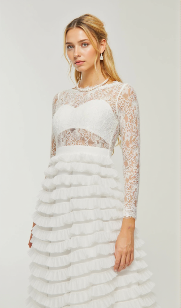 AIIZIE LACE LAYERED HIGH-WAISTED MIDI DRESS IN WHITE - product image