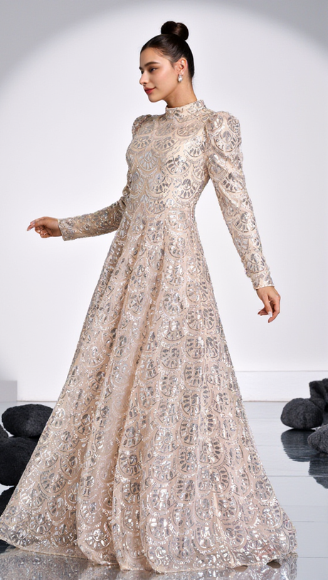 LONG SLEEVE LACE BACK SEQUIN MAXI DRESS IN GOLD
