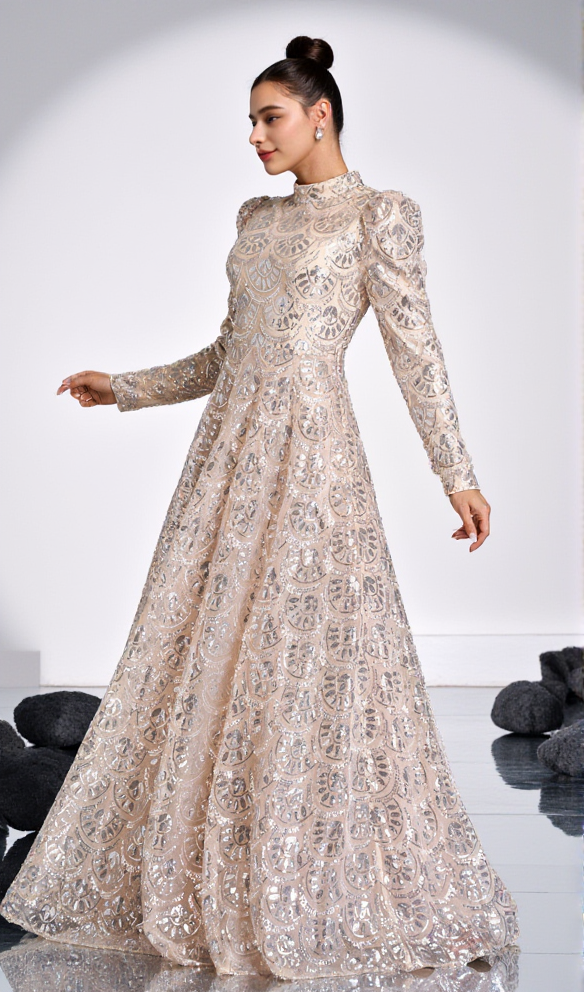 AIIZIE LONG SLEEVE LACE BACK SEQUIN MAXI DRESS IN GOLD - product image