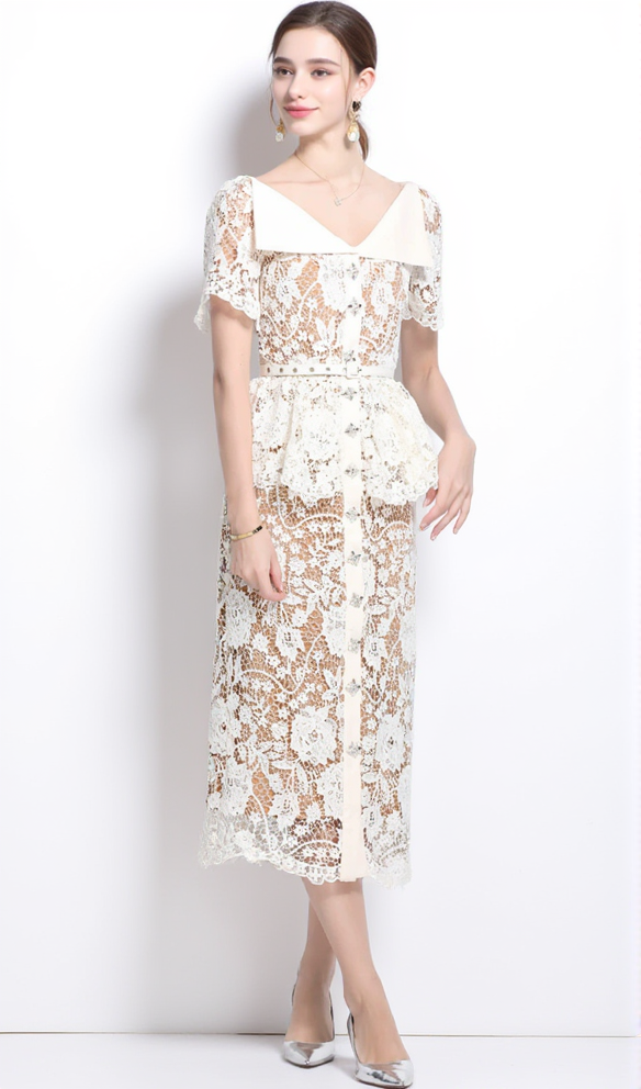 AIIZIE CREAM LACE PEPLUM MIDI DRESS - product image