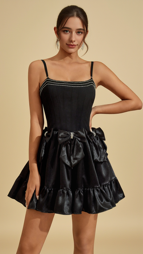 DIAMOND BOW MINI DRESS IN BLACK