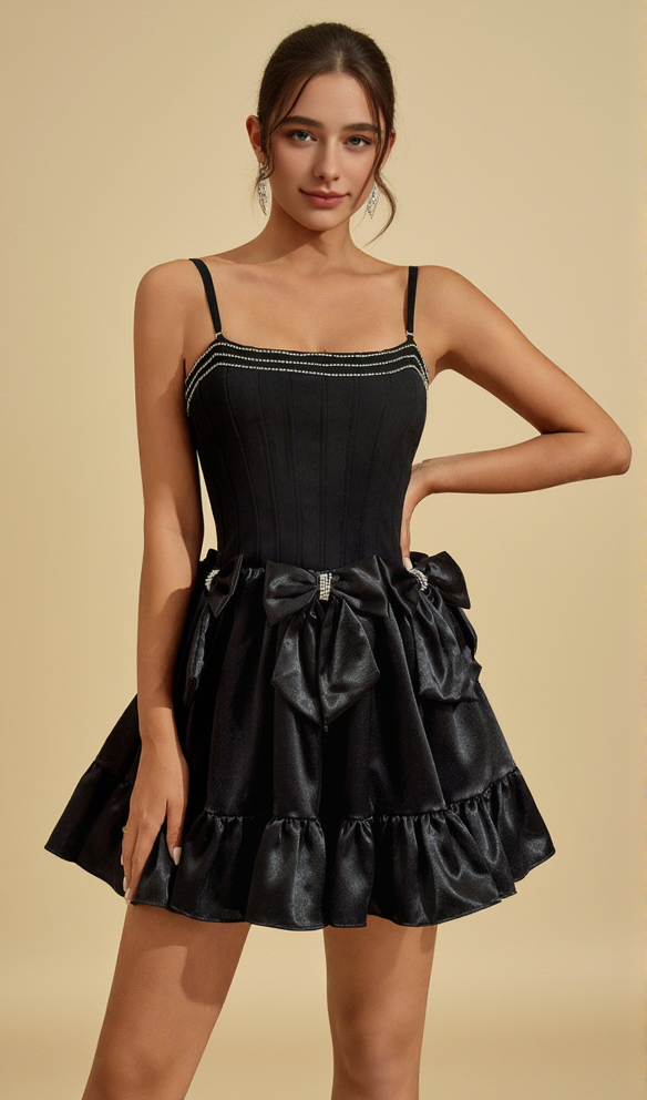 Minikleid mit Rautenschleife in Schwarz