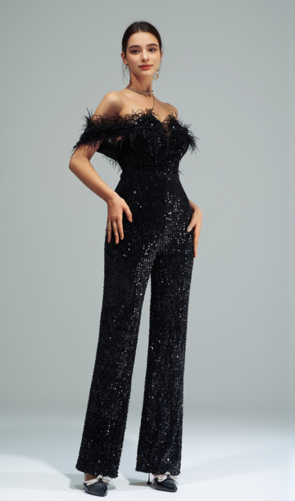 AIIZIE OFF-SHOULDER SEQUIN JUMPSUIT IN BLACK - product image