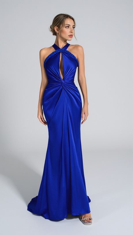 BEVERLY BRAID EMBELLISHED RUCHED HALTER GOWN IN BLUE