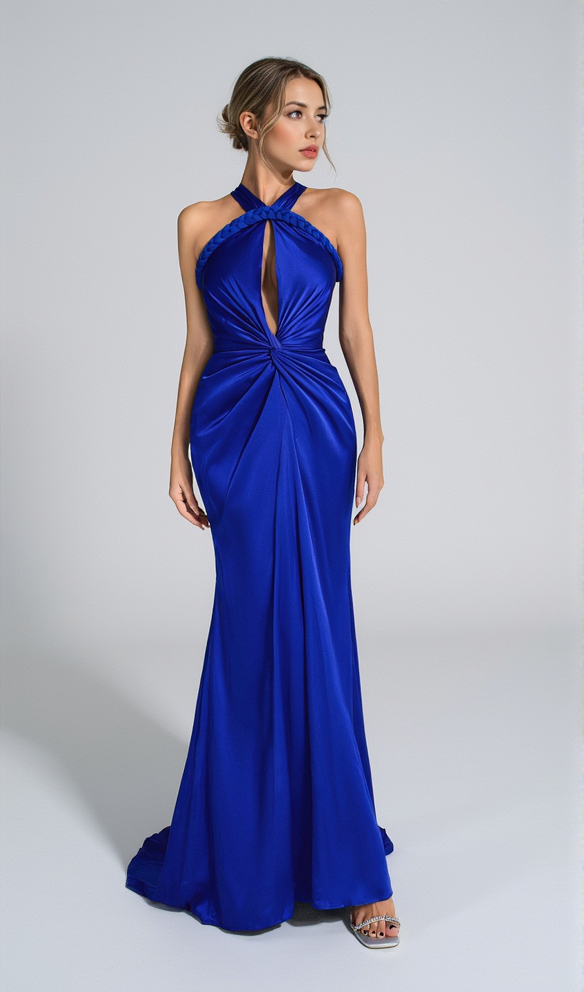 AIIZIE BEVERLY BRAID EMBELLISHED RUCHED HALTER GOWN IN BLUE - product image
