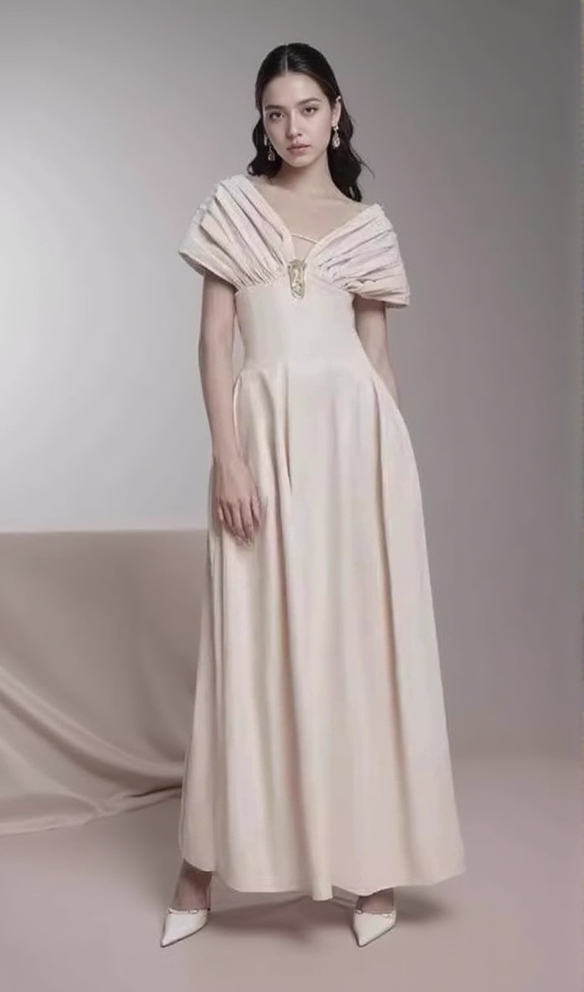 RUCHED SHOULDER MAXI DRESS IN APRICOT